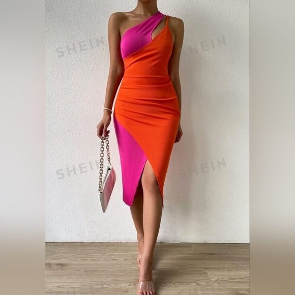 Two Tone Cut Out One Shoulder Asymmetrical Hem Dress - Picture 3 of 3